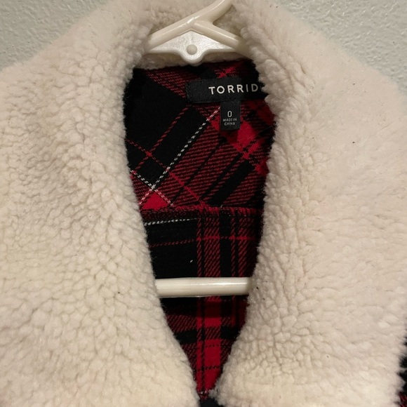 Torrid Size 0 red and black plaid button up jacket with white Sherpa col… - Picture 4 of 7